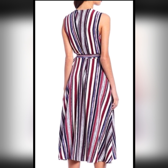 ALEX MARIE Cassie Striped V-Neck Crepe True Wrap Midi Dress Purple 6 - Picture 3 of 5